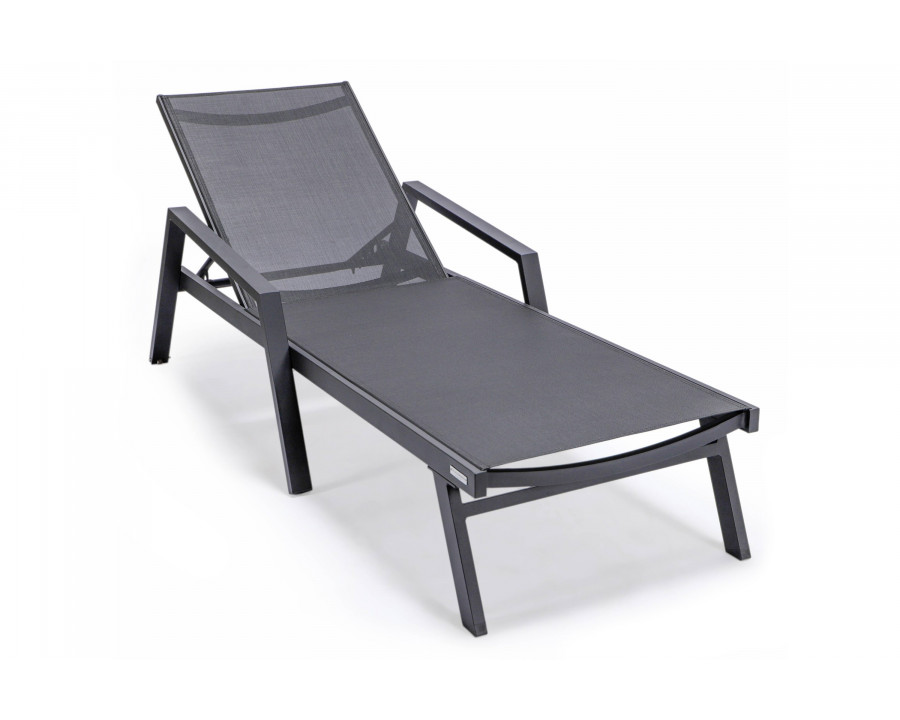 LeisureMod Marlin Patio Chaise Lounge Chair With Armrests In Black Aluminum Frame - Black