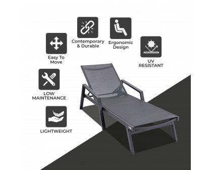 LeisureMod Marlin Patio Chaise Lounge Chair With Armrests In Black Aluminum Frame - Black