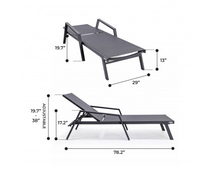 LeisureMod Marlin Patio Chaise Lounge Chair With Armrests In Black Aluminum Frame - Black