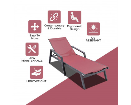 LeisureMod Marlin Patio Chaise Lounge Chair With Armrests In Black Aluminum Frame - Burgundy