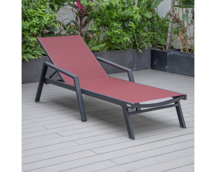 LeisureMod Marlin Patio Chaise Lounge Chair With Armrests In Black Aluminum Frame - Burgundy