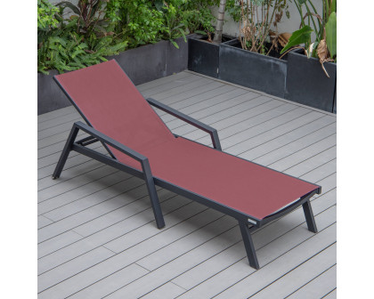 LeisureMod Marlin Patio Chaise Lounge Chair With Armrests In Black Aluminum Frame - Burgundy