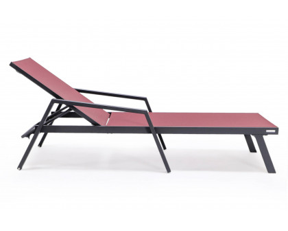 LeisureMod Marlin Patio Chaise Lounge Chair With Armrests In Black Aluminum Frame - Burgundy