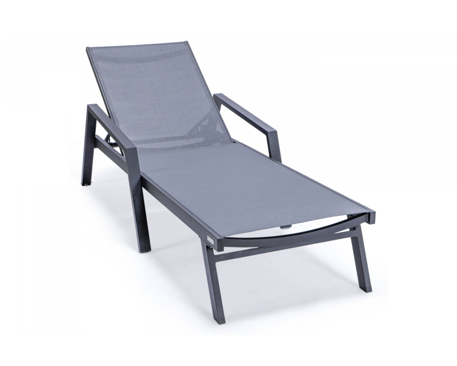 LeisureMod Marlin Patio Chaise Lounge Chair With Armrests In Black Aluminum Frame - Dark Gray