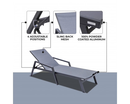 LeisureMod Marlin Patio Chaise Lounge Chair With Armrests In Black Aluminum Frame - Dark Gray