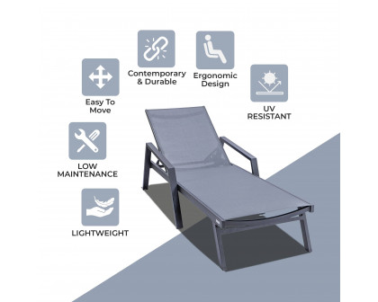 LeisureMod Marlin Patio Chaise Lounge Chair With Armrests In Black Aluminum Frame - Dark Gray