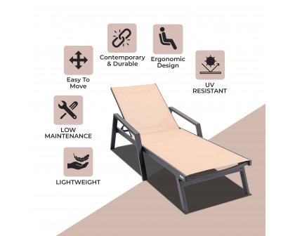 LeisureMod Marlin Patio Chaise Lounge Chair With Armrests In Black Aluminum Frame - Light Brown