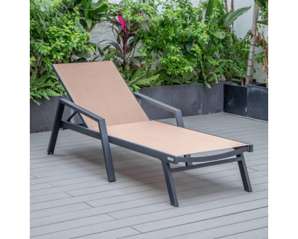 LeisureMod Marlin Patio Chaise Lounge Chair With Armrests In Black Aluminum Frame - Light Brown