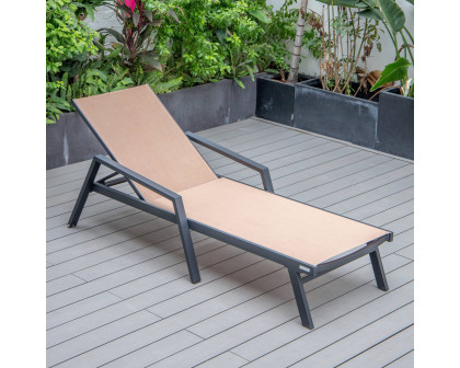 LeisureMod Marlin Patio Chaise Lounge Chair With Armrests In Black Aluminum Frame - Light Brown