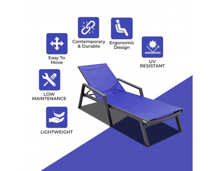 LeisureMod Marlin Patio Chaise Lounge Chair With Armrests In Black Aluminum Frame - Navy Blue