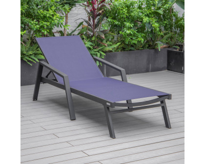 LeisureMod Marlin Patio Chaise Lounge Chair With Armrests In Black Aluminum Frame - Navy Blue