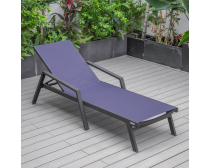 LeisureMod Marlin Patio Chaise Lounge Chair With Armrests In Black Aluminum Frame - Navy Blue