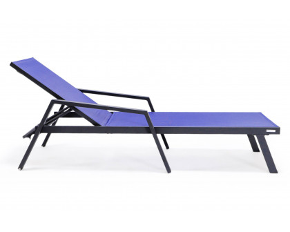 LeisureMod Marlin Patio Chaise Lounge Chair With Armrests In Black Aluminum Frame - Navy Blue