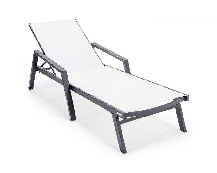 LeisureMod Marlin Patio Chaise Lounge Chair With Armrests In Black Aluminum Frame - White