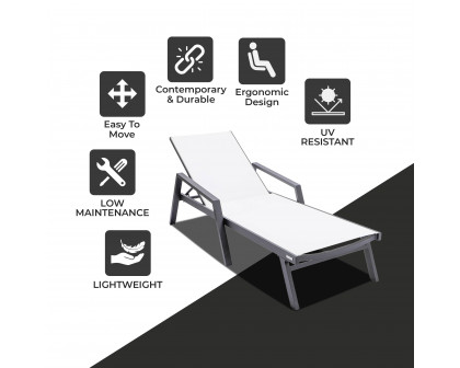 LeisureMod Marlin Patio Chaise Lounge Chair With Armrests In Black Aluminum Frame - White