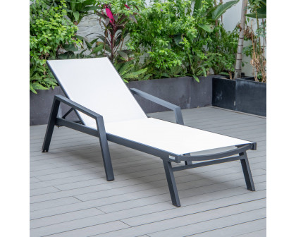 LeisureMod Marlin Patio Chaise Lounge Chair With Armrests In Black Aluminum Frame - White