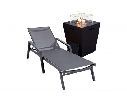 LeisureMod Marlin Modern Black Aluminum Outdoor Chaise Lounge Chair With Arms and Square Fire Pit Side Table for Patio