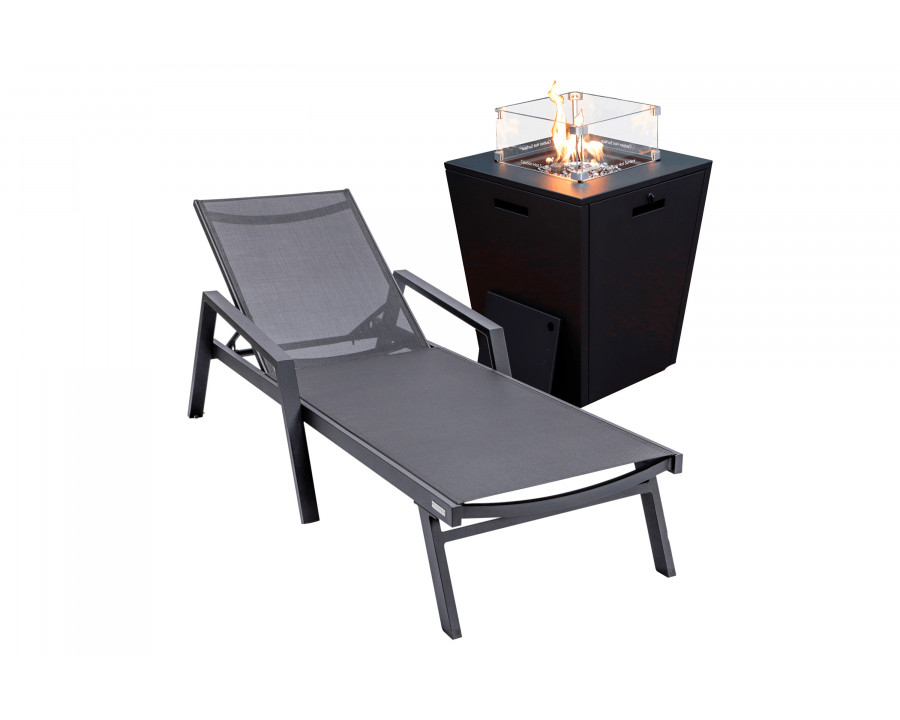 LeisureMod Marlin Modern Black Aluminum Outdoor Chaise Lounge Chair With Arms and Square Fire Pit Side Table for Patio - Black