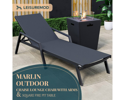 LeisureMod Marlin Modern Black Aluminum Outdoor Chaise Lounge Chair With Arms and Square Fire Pit Side Table for Patio - Black