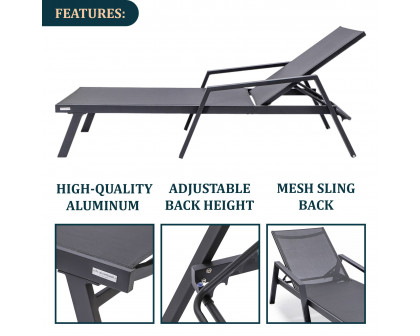 LeisureMod Marlin Modern Black Aluminum Outdoor Chaise Lounge Chair With Arms and Square Fire Pit Side Table for Patio - Black