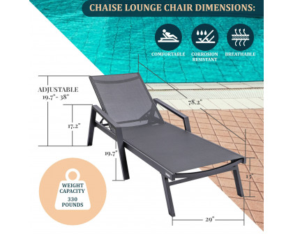 LeisureMod Marlin Modern Black Aluminum Outdoor Chaise Lounge Chair With Arms and Square Fire Pit Side Table for Patio - Black