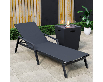 LeisureMod Marlin Modern Black Aluminum Outdoor Chaise Lounge Chair With Arms and Square Fire Pit Side Table for Patio - Black