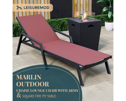 LeisureMod Marlin Modern Black Aluminum Outdoor Chaise Lounge Chair With Arms and Square Fire Pit Side Table for Patio