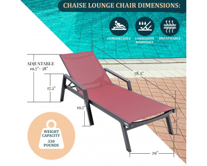 LeisureMod Marlin Modern Black Aluminum Outdoor Chaise Lounge Chair With Arms and Square Fire Pit Side Table for Patio - Burgundy