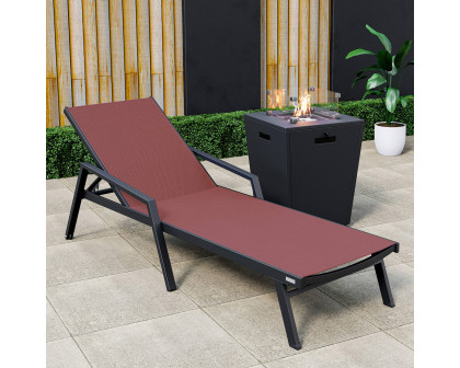 LeisureMod Marlin Modern Black Aluminum Outdoor Chaise Lounge Chair With Arms and Square Fire Pit Side Table for Patio - Burgundy