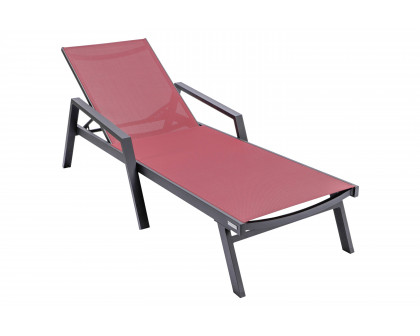 LeisureMod Marlin Modern Black Aluminum Outdoor Chaise Lounge Chair With Arms and Square Fire Pit Side Table for Patio - Burgundy