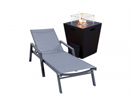 LeisureMod Marlin Modern Black Aluminum Outdoor Chaise Lounge Chair With Arms and Square Fire Pit Side Table for Patio