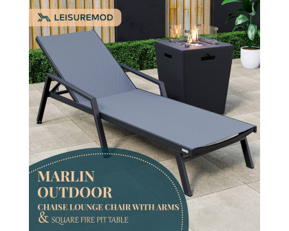 LeisureMod Marlin Modern Black Aluminum Outdoor Chaise Lounge Chair With Arms and Square Fire Pit Side Table for Patio - Dark Gray