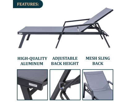 LeisureMod Marlin Modern Black Aluminum Outdoor Chaise Lounge Chair With Arms and Square Fire Pit Side Table for Patio - Dark Gray