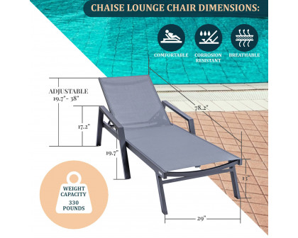 LeisureMod Marlin Modern Black Aluminum Outdoor Chaise Lounge Chair With Arms and Square Fire Pit Side Table for Patio - Dark Gray