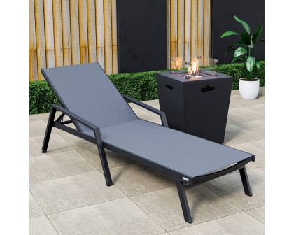 LeisureMod Marlin Modern Black Aluminum Outdoor Chaise Lounge Chair With Arms and Square Fire Pit Side Table for Patio - Dark Gray