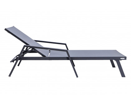 LeisureMod Marlin Modern Black Aluminum Outdoor Chaise Lounge Chair With Arms and Square Fire Pit Side Table for Patio - Dark Gray