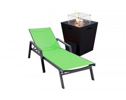 LeisureMod Marlin Modern Black Aluminum Outdoor Chaise Lounge Chair With Arms and Square Fire Pit Side Table for Patio