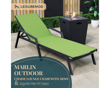 LeisureMod Marlin Modern Black Aluminum Outdoor Chaise Lounge Chair With Arms and Square Fire Pit Side Table for Patio - Green