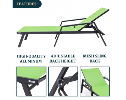 LeisureMod Marlin Modern Black Aluminum Outdoor Chaise Lounge Chair With Arms and Square Fire Pit Side Table for Patio - Green