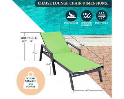 LeisureMod Marlin Modern Black Aluminum Outdoor Chaise Lounge Chair With Arms and Square Fire Pit Side Table for Patio - Green