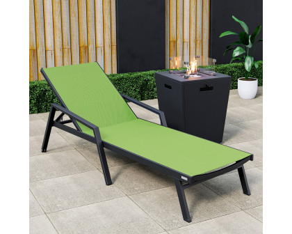 LeisureMod Marlin Modern Black Aluminum Outdoor Chaise Lounge Chair With Arms and Square Fire Pit Side Table for Patio - Green