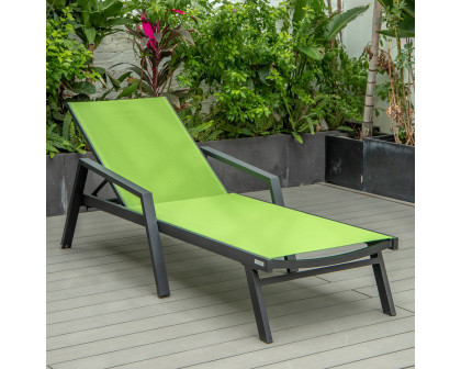 LeisureMod Marlin Modern Black Aluminum Outdoor Chaise Lounge Chair With Arms and Square Fire Pit Side Table for Patio - Green