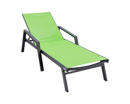 LeisureMod Marlin Modern Black Aluminum Outdoor Chaise Lounge Chair With Arms and Square Fire Pit Side Table for Patio - Green