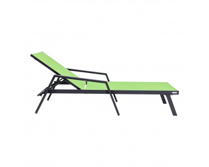 LeisureMod Marlin Modern Black Aluminum Outdoor Chaise Lounge Chair With Arms and Square Fire Pit Side Table for Patio - Green