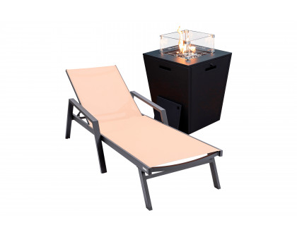 LeisureMod Marlin Modern Black Aluminum Outdoor Chaise Lounge Chair With Arms and Square Fire Pit Side Table for Patio