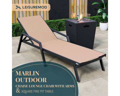 LeisureMod Marlin Modern Black Aluminum Outdoor Chaise Lounge Chair With Arms and Square Fire Pit Side Table for Patio - Light Brown