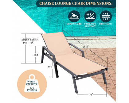 LeisureMod Marlin Modern Black Aluminum Outdoor Chaise Lounge Chair With Arms and Square Fire Pit Side Table for Patio - Light Brown