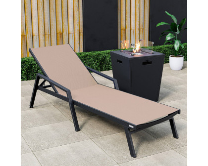 LeisureMod Marlin Modern Black Aluminum Outdoor Chaise Lounge Chair With Arms and Square Fire Pit Side Table for Patio - Light Brown