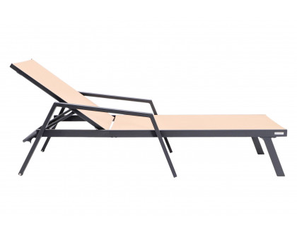 LeisureMod Marlin Modern Black Aluminum Outdoor Chaise Lounge Chair With Arms and Square Fire Pit Side Table for Patio - Light Brown