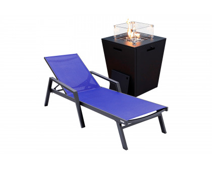 LeisureMod Marlin Modern Black Aluminum Outdoor Chaise Lounge Chair With Arms and Square Fire Pit Side Table for Patio